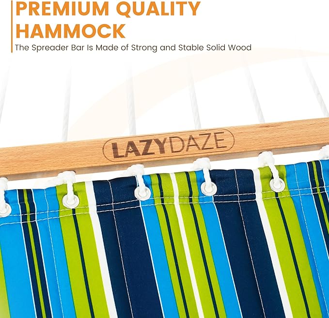 Lazy Daze Hammocks 12 FT Quilted Fabric Double Hammock with Spreader Bars and Detachable Pillow 450lbs Weight Capacity Blue Green Stripes