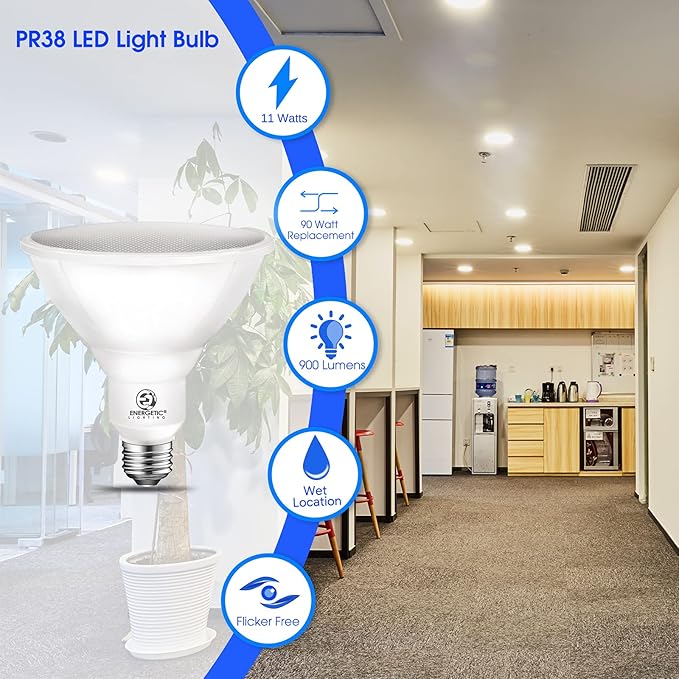 Energetic Outdoor Par38 Led Flood Light11W=90W900lm5000K DaylightE26 BaseNon-Dimmable Waterproof Spot BulbUL Listed (6 Pack)
