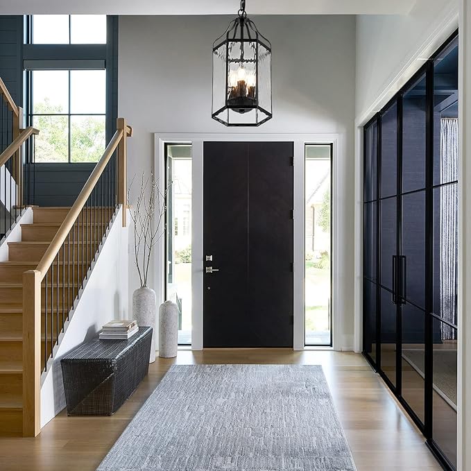 8 Modern 3-Light Exterior Black Lantern Pendant Light Fixture with Clear Rippled Glass Mini Industrial Hanging Cage Chandelier for Outdoor Kitchen Dining Room Hallway Entryway Foyer Porch