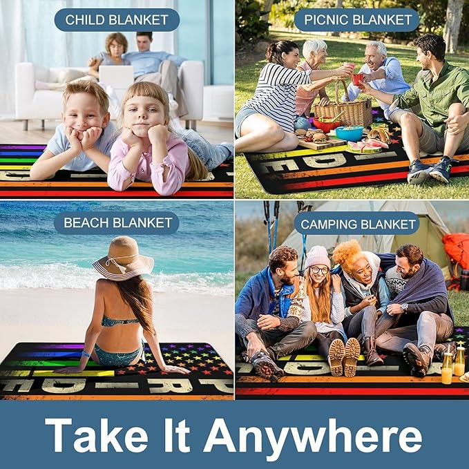 American Flag Rainbow Lesbian Gay Love Pride Waterproof Outdoor Picnic Blanket Sandproof Beach Mat for Camping Hiking Grass Travelling