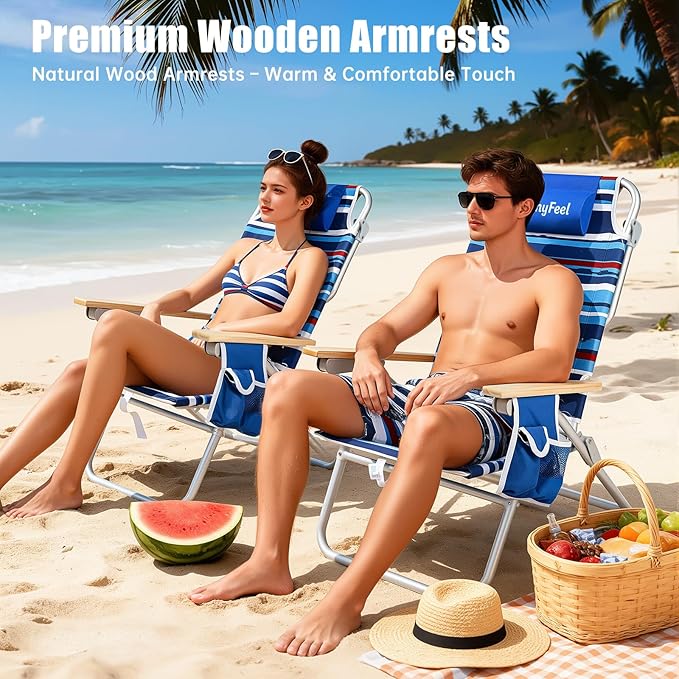 SUNNYFEEL Tall Beach Chair Reclining Beach Chair with 5-Position Portable Camping Chair for Adults with Wood Armrest Lightweight Camping Chair 300 lbs Heavy Duty Blue Stripe 2 Pack