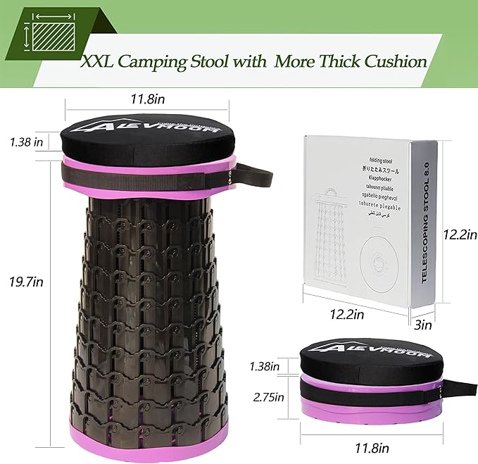 ALEVMOOM Upgraded XXL Collapsible Stool with Cushion 19.71000lbs Max WeightWider &amp Taller Pop Up Seat Heavy Duty Portable Retractable Folding Chair or Travel Foot Rest for Camping &amp Outdoo