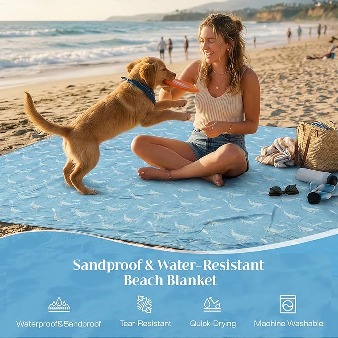 OIGAE 7x7ft Sandproof Beach Blanket - Large Waterproof Picnic Mat for 3-4 People Lightweight Sand Free Mat for Summer Vacation with 6 Stakes &amp 4 Corner Pockets for Beach Camping Festivals
