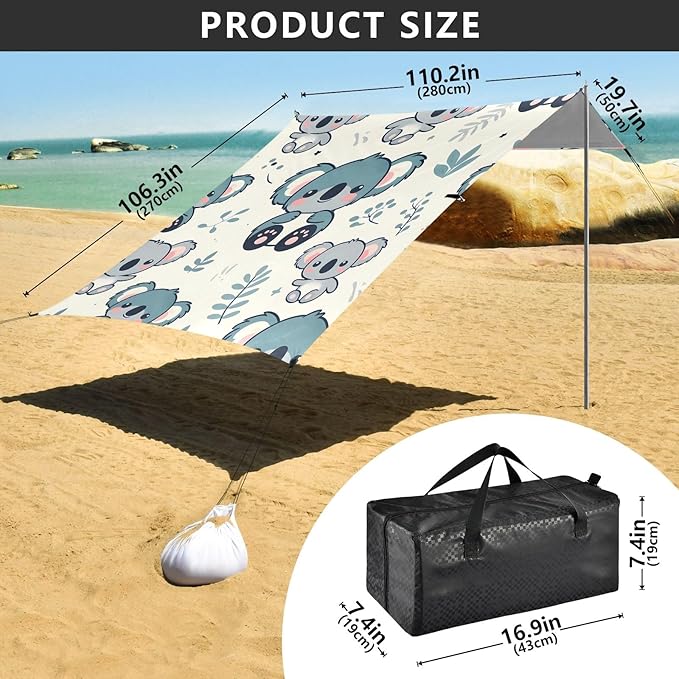 Cute Koala Bears Camping Sun Shelter Beach Tent Portable Beach Sun Shade Outdoor Canopy for Camping Trips Fishing Picnic
