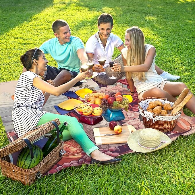 Waterproof Sandproof Beach Blanket 59''×68'' Bottle Polyester Outdoor Picnic Blanket with 4 Stakes &amp Storage Bag for BeachCampingVacation Flowers