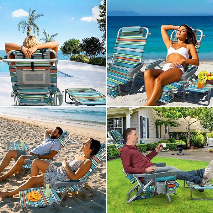 Backpack Beach Chair Aluminum with Folding Camping Table 5-Position Lay Flat Lounge Chair Outdoor for Adults with Insulated Cooler Bag and Cup Holder