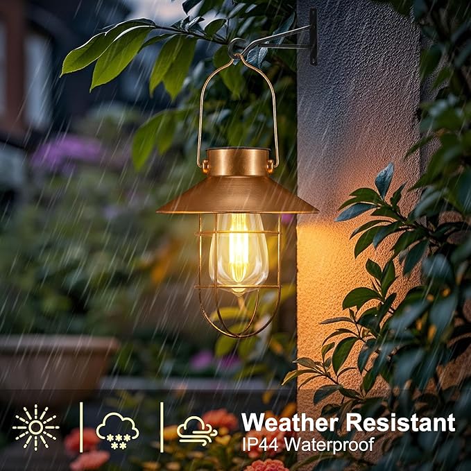 pearlstar 2 Pack Solar Lights Outdoor Hanging Solar Lanterns with Edison Bulb and 2 x 32 Inch Shepherd Hooks Waterproof Landscape Lighting for Garden Patio Yard Pathway Driveway Lawn (Copper)