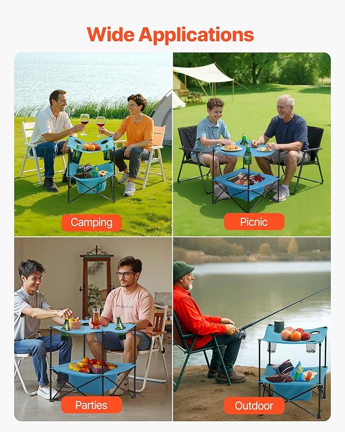 VEVOR Folding Camping Table Portable Outdoor Lightweight Picnic Table 600D Oxford Fabric Waterproof Canvas Travel Beach Tables with 4 Cup Holders Carry Bag for Tailgating Camping Picnic Blue