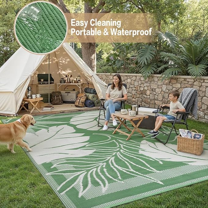 HUGEAR 8'x10' Outdoor Rug Waterproof Plastic Straw Rugs Large Green Reversible Olive Leaf Mat Floor Carpet for Camping RV Deck Entryance Porch Picnic Balcony Beach Backyard