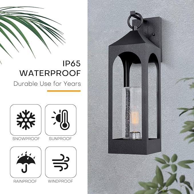 LamQee 20 Inch Dusk to Dawn Outdoor Wall Lights Large Exterior Lighting Fixtures with Seeded Glass Textured Black Modern Outdoor Sconces Wall Mount Lantern for House Porch Patio Garage Front Door
