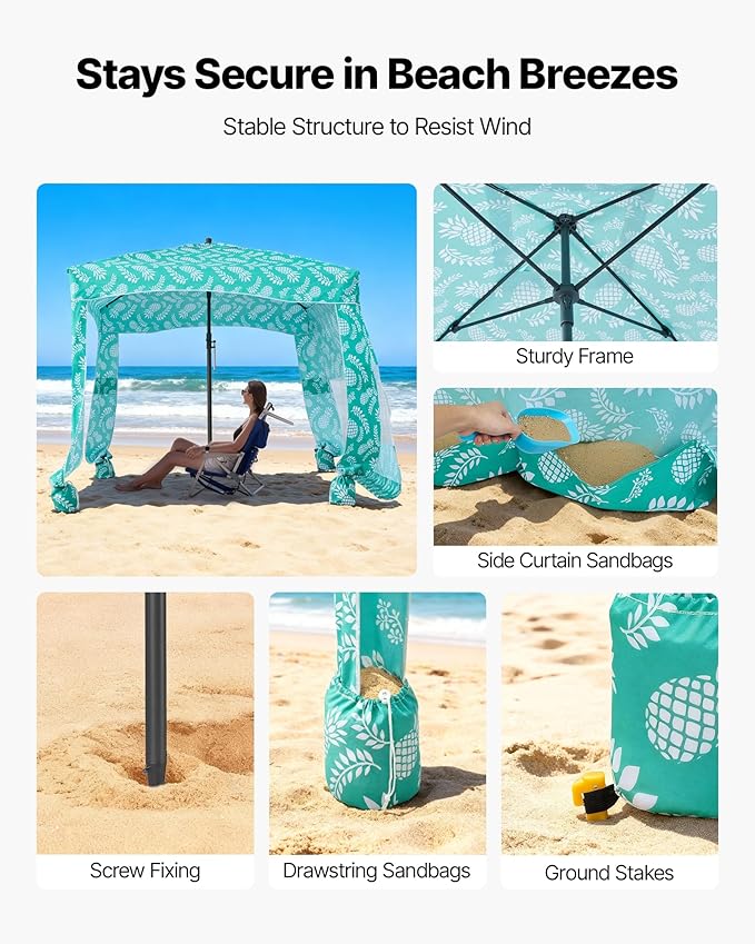 VEVOR Beach Cabana 6 x 6 ft Beach Canopy with Side Wall UPF 50+ Protection Easy Setup Cabana Tent with Sand Pockets Large Portable Shade Sun Shelter Outdoor Umbrella for Whole Family &amp Friends