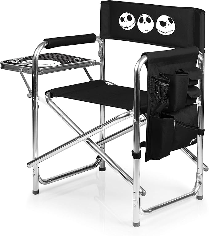 Picnic TIME Disney Nightmare Before Christmas Jack Sports Chair with Side Table Folding Beach and Camp Chair Portable Outdoor Chair with Carry Strap and Storage Pockets (Black)