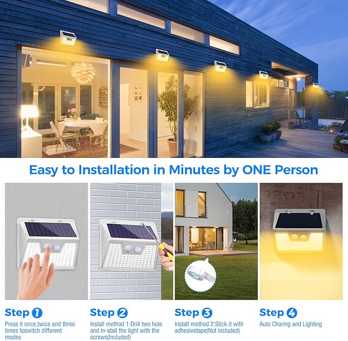 Peasur Solar Lights Outdoor Motion Sensor 12Pack 140LED Waterproof Solar Powered Fence Lights 3 Modes Solar Security Wall Lights for Garden Yard Outside(Warm White)