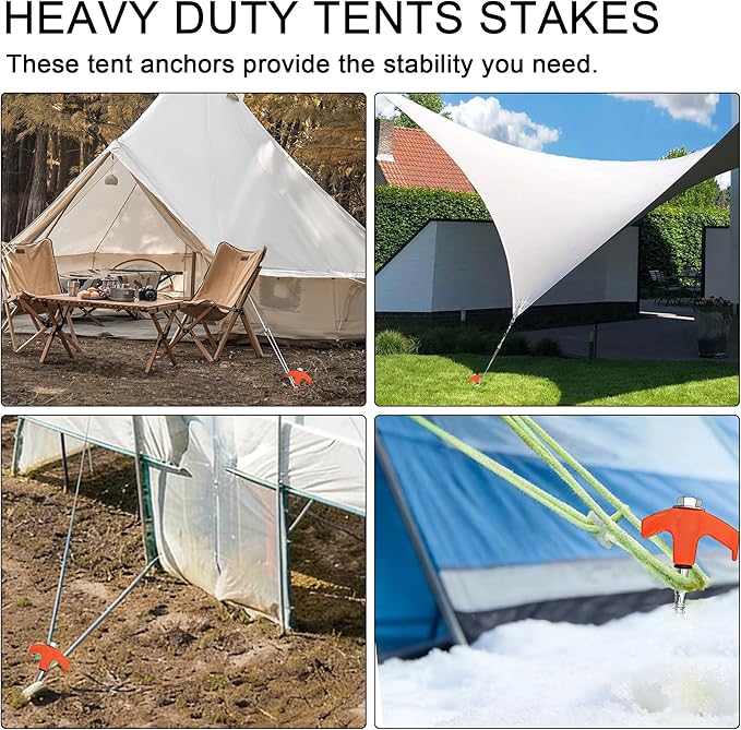 22 Packs Heavy Duty Screw-in Tent Stakes Kit Orange 8 Inch Ground Anchors Camping Stakes Metal Tent Pegs with Hex Socket T Pull Hook &amp Storage Case