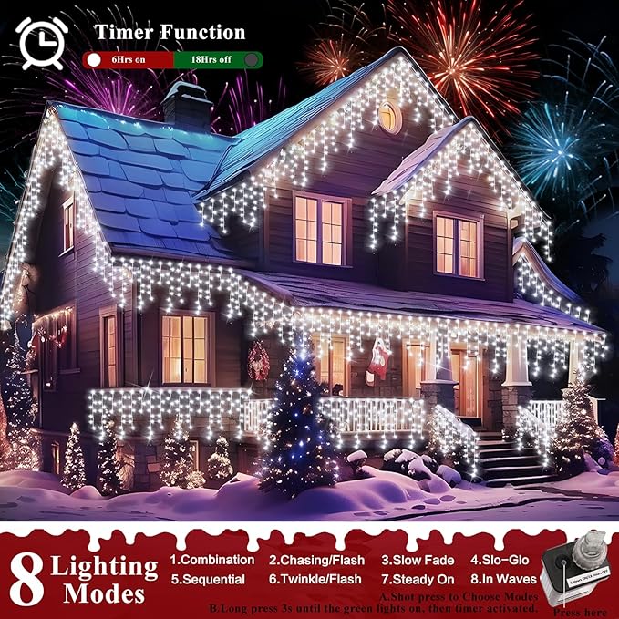XURISEN 66ft Christmas Lights Decorations Outdoor 640 LED 8 Modes Curtain Fairy Lights with 120 DropsPlug in Waterproof Timer Memory Function for Christmas Holiday Wedding Party Decor(Cool White)