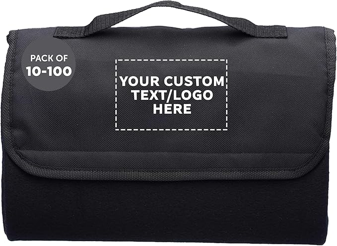 DISCOUNT PROMOS Custom Roll Up Picnic Blankets Set of 10/50/100 Personalized Bulk Pack Great for Camping Picnic Beach Sports Outdoor Activities - Black