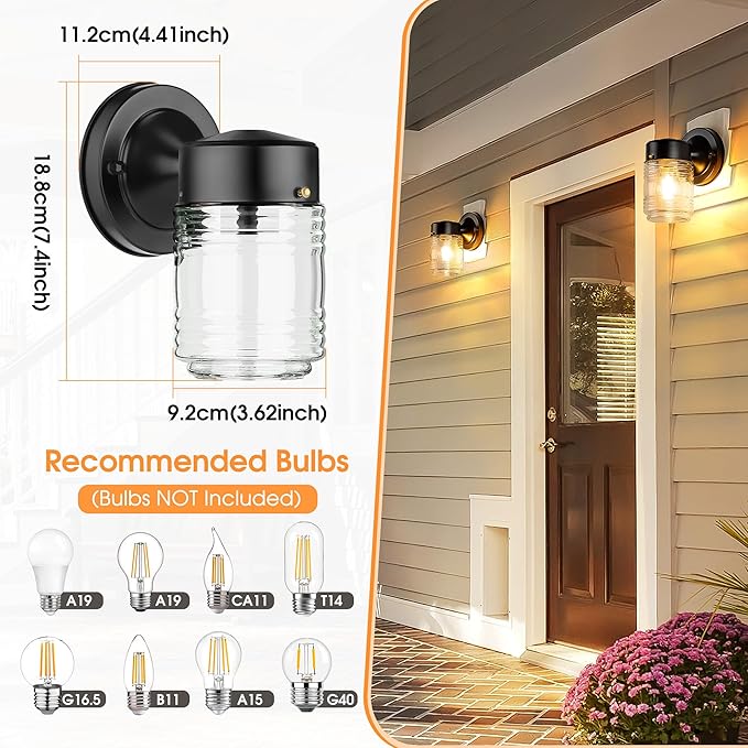 Jelly Jar Outdoor Wall Lantern Black Exterior Waterproof Wall Mount Lighting Fixture Anti-Rust Front Door Sconce with Clear Ribbed Glass E26 Socket Lights 2 Pack