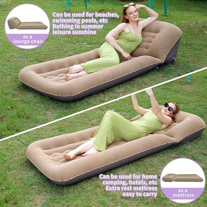 Inflatable Camping Air Mattress with Adjustable Backrest Flocking Portable Recliner Air Sofa Bed Blow-Up Sleeping Pad Sofa for Outdoor Hiking Beach Tent Travel – Fast Inflation with Pump