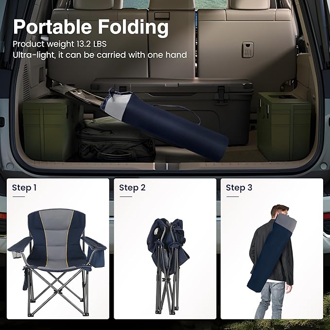 HIGH POINT SPORTS Oversized Portable Folding Camping Chair Blue 450 LBS Support Sports Lawn Chair with Cup Holder and Cooler Bag