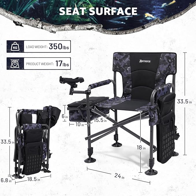 X Strike Heated Fishing Chair with Rod Holder Cooler Bag Storage Bag Shoulder Strap and Adjustable Feet 350LBS Heavy Duty Folding Ice Fishing Chair for Adults Outdoor Camping (Battery Not Included)