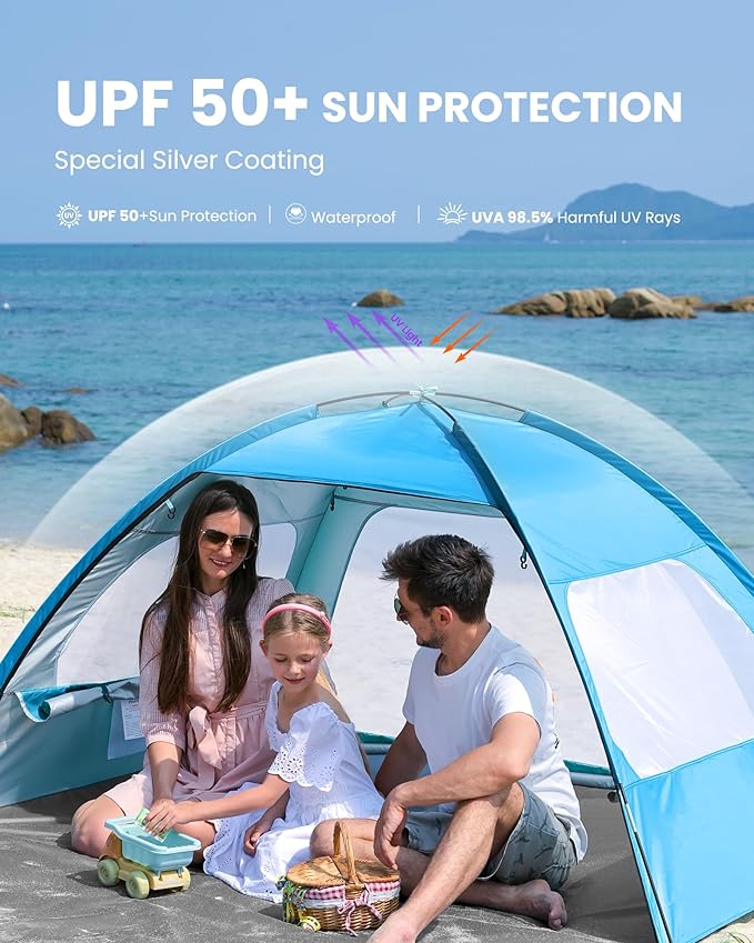 OutdoorMaster Beach Tent for 3/4/6/8 Person - Easy Setup Sun Shade Shelter Portable Beach Shade Sun Canopy with UPF 50+ UV Protection Removable Skylight Family Size