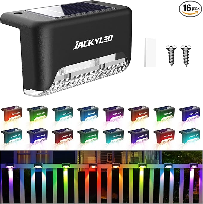 JACKYLED 16 Pack Deck Lights Solar Powered Color Changing Outdoor Solar Fence Lights Waterproof LED Stair Lights for Patio Step Railing Wall Garden