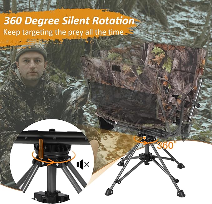 REDCAMP 360° Swivel Heated Hunting Chairs for Ground Blinds Portable Folding Camo Camping Chairs for Adults Hunting Seats with Hard Arms for Fishing Camping(No Power Bank)