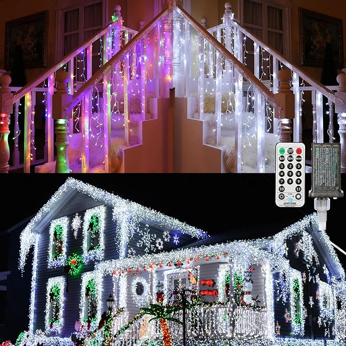 Brizled Color Changing Icicle Lights 29ft 360 LED Christmas Icicle Lights with Remote 11 Modes Cool White &amp Multicolor Xmas Lights for Xmas Wedding Home