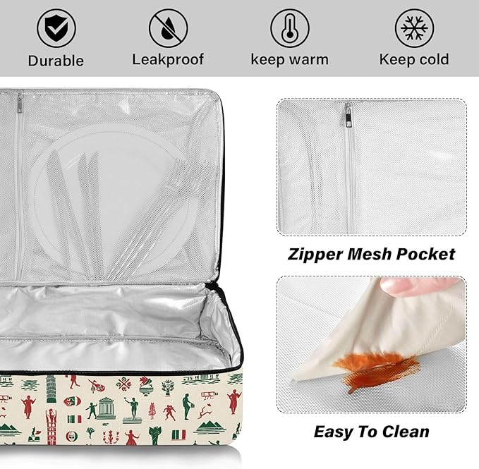 Casserole Carrier Red and Green Italian Pattern PrintInsulated Casserole Carrier for Hot or Cold Food Thermal Lunch Tote for Potluck Parties Picnic Beach Fits 9 x 13 Inches Baking Dish