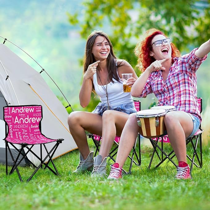 Sinestour Deep Pink Custom Folding Camping Chair for Teen Child Personalized Name 14.6×14.6in Portable Outdoor Chair with Carry Bag for Barbeques Picnic Travel