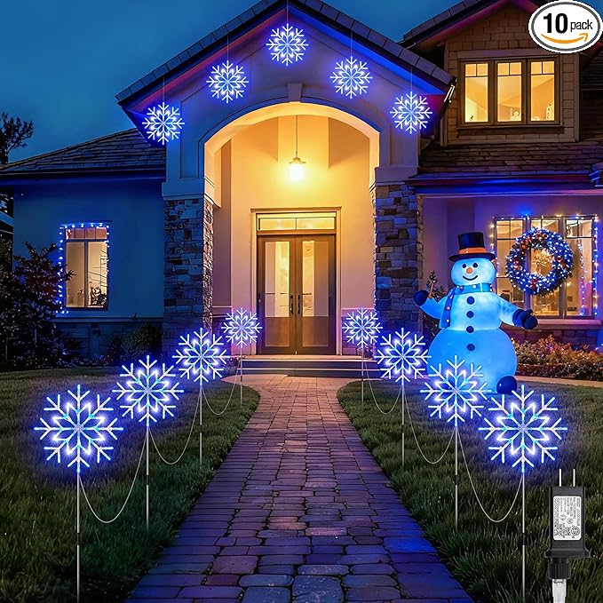 Brightown Large Snowflake Pathway Lights10-Pack 34 Outdoor Snowflake Christmas Lights Decor for Yard 8 Modes Sidewalk Marker Stake for Driveway Walkway IP44 WaterproofBlue and White