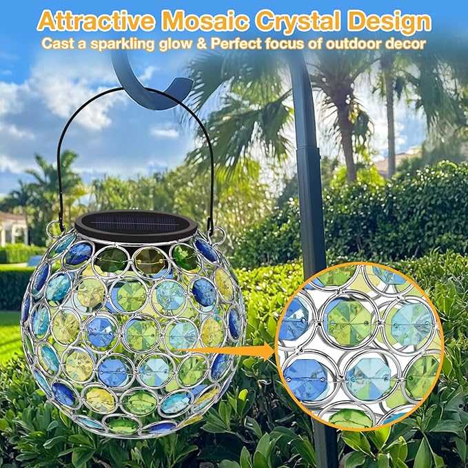 Uspring 2 Pack Crystal Mosaic Solar Lanterns Outdoor Waterproof Decorative Hanging Solar Lights for Outside Gifts for Women Mom Grandma Garden Decor for Patio Backyard Porch Pathway Walkway Blue