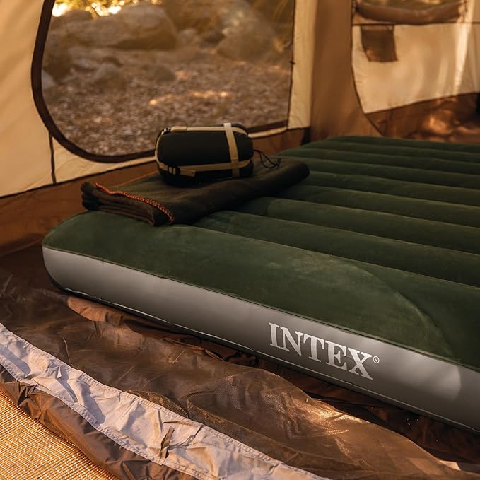 Intex 64763E Dura-Beam Standard Downy Air Mattress: Fiber-Tech – Queen Size – Built-in Foot Pump – 10in Bed Height – 600lb Weight Capacity