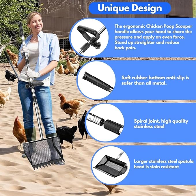 Adjustable manure shovel made of stainless steel with ergonomic and sieve plate for poultry farms. Durable manure shovel made of iron with rubber chain