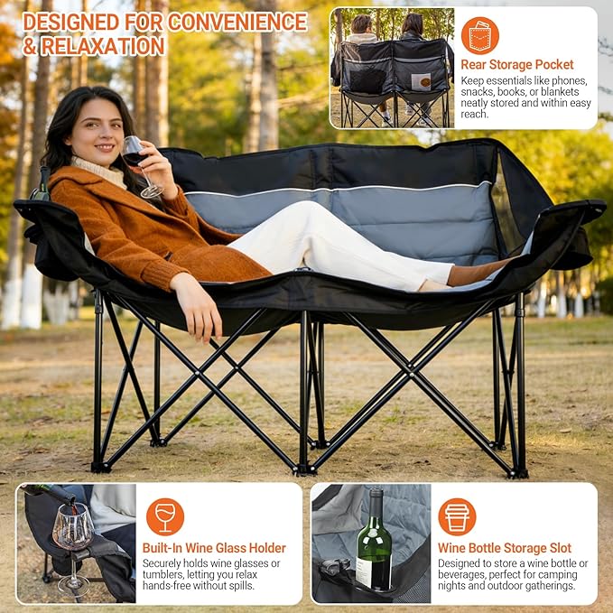 Double Camping Chair for Adults - Heavy Duty 700LB Oversized Padded Camping Loveseat 2 Person Folding Outdoor Chair with Cup Holders for Lawn Backyard (Grey)