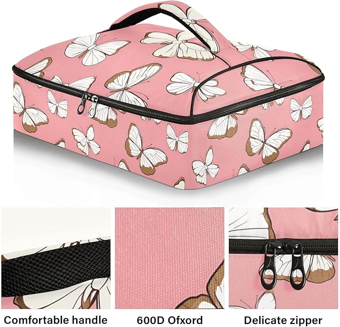 Casserole Carrier Elegance Pattern ButterflyInsulated Casserole Carrier for Hot or Cold Food Thermal Lunch Tote for Potluck Parties Picnic Beach Fits 9 x 13 Inches Baking Dish