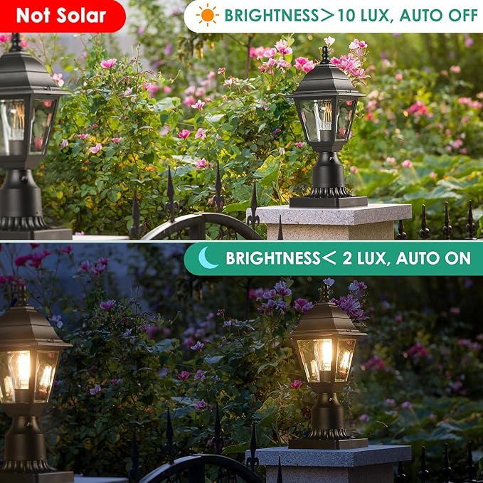 FOLKSMATE Dusk to Dawn Outdoor Post Lights 2-Pack Waterproof Outside Post Lamps with Pier Mount Exterior Pole Lantern with Clear Glass Matte Black Light Fixture for Patio Garden Walkway