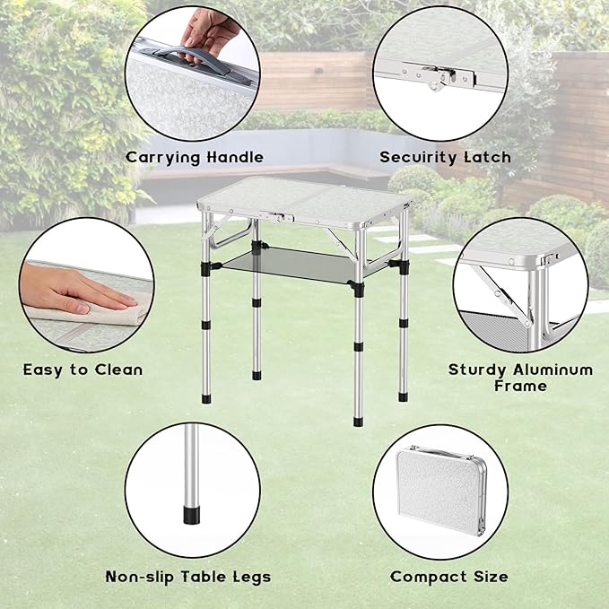 Folding Camping Table Aluminum 24 x 16 Adjustable Height Max 27.5 with Carrying Handle Lightweight Portable Camping Table for Outdoor Indoor Picnic Beach Silver