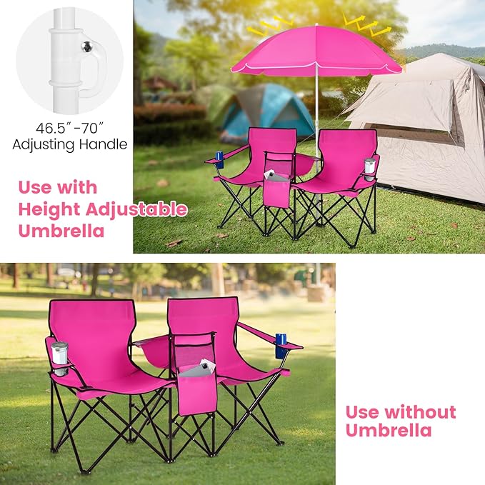 KOTEK Double Camping Chair Folding Camp Chair with Removable Umbrella Cup Holders Cooler Bag Side Pocket &amp Carry Bag 2-Person Beach Chair for Outdoor Sports Concerts Travel Picnic (Pink)