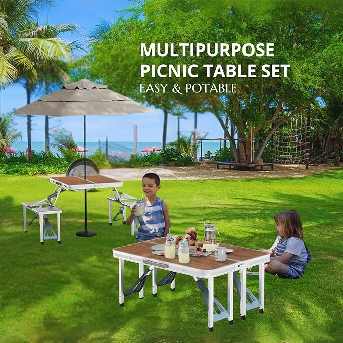 4Ft Folding Camping Picnic Table with 4 Chairs with Umbrella Hole Lightweight Suitcase Card Table-220 Lbs Support Aluminum Frame Plastic RV Tabletop for Outdoor Party Beach and Backyard