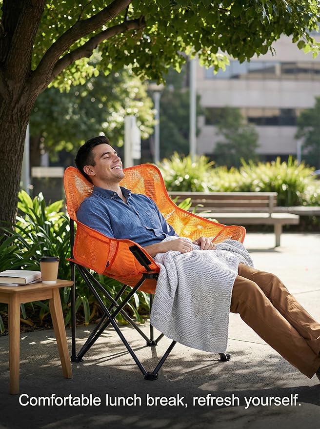 Breathable Outdoor Folding Chair Portable Ultra-Light Fishing Stool Beach Camping Moon Chair Armchair Art Sketch Chair (Mesh Fluorescent Orange)