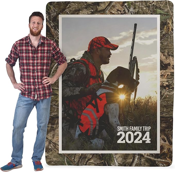 Mossy Oak Graphics Personalized Sherpa Blanket – Custom Photo &amp Text Blanket with Camo Border Hunting or Outdoorsman Gift - Mossy Oak Country DNA Pattern 60x80 1 Sided Printing