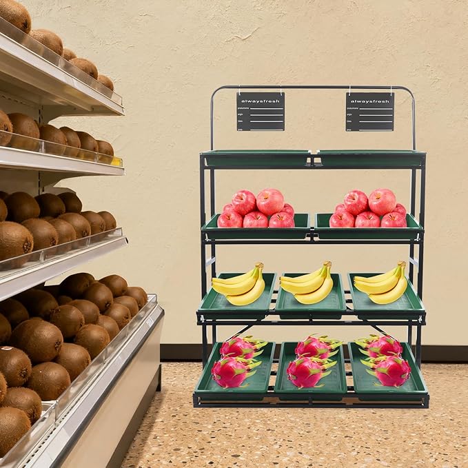 4 Tier Supermarket Fruit Vegetable Storage Rack Retail Display Rack Market Shelf with 10 Slanted Baskets &amp 2 Product Labels Floor Standing Metal Fruit Vegetable Snacks Display Shelf Organizer