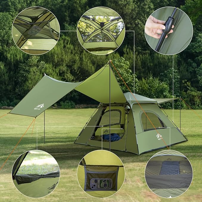 Night Cat 3-Person Camping Tent: Waterproof Instant Cabin Tent with Canopy Tarp for Family 2-in-1 Canopy Tent with Porch Easy Setup