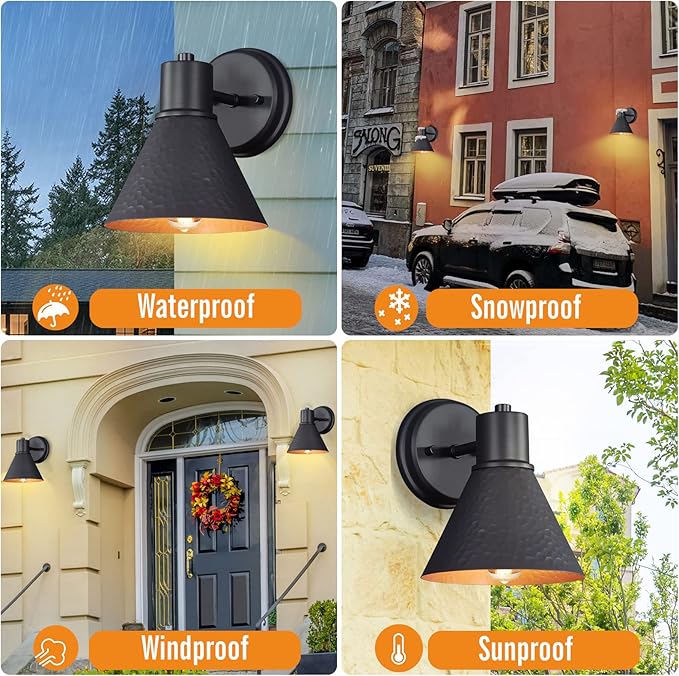 2 Pack Outdoor Wall Sconces - Wall Lights Fixture Exterior Farmhouse Porch Light with Hammered Metal Shade Anti-Rust Waterproof Black Outside Barn Light for Front Porch Patio Garage Gazebo House