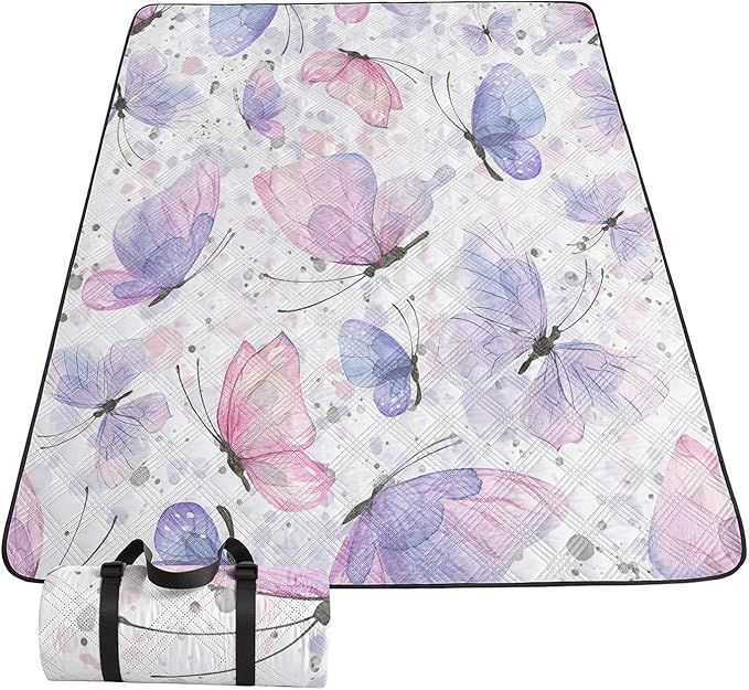 Outdoor Picnic BlanketPortable Sandproof Waterproof Picnic MatPink Butterfly Printed Camping Beach Mat for Sand and Wet Grass Hiking (Pink Butterfly S)