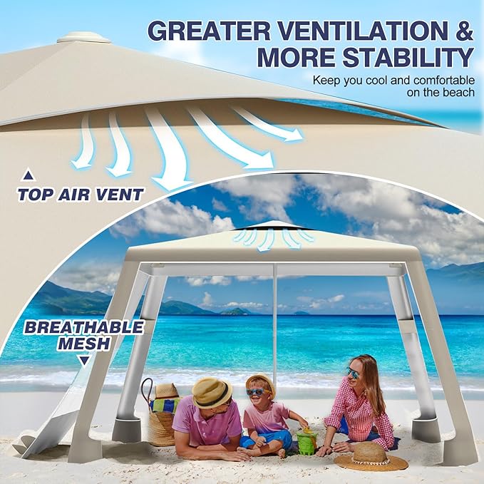Beach Tent8'×8' Large Beach Canopy for 4-6 PeopleEasy Setup Beach Sun Shelter with UPF 50+ ProtectionAdjustable Height &amp Wind Resistant Beach Cabana for FamilyParty (Khaki - Solid)