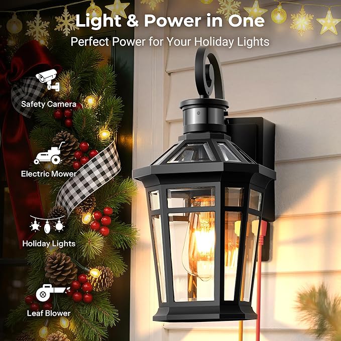 OPAIXS Motion Sensor Outdoor Wall Lights with Outlet Black Front Porch Light with GFCI Outlet Modern Coach Lights for Garage Waterproof Exterior Wall Sconce Lantern E26 Outside Wall Light Fixture