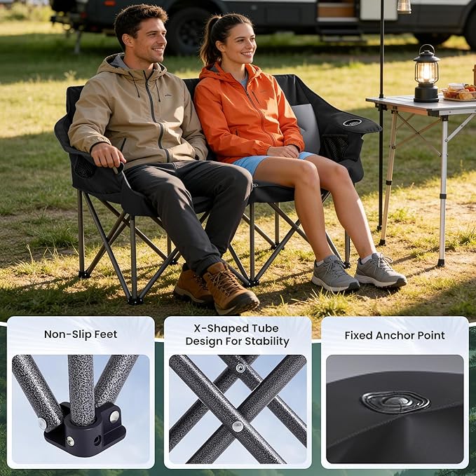 Foldable Double Camping Chair Heavy Duty 800 LBS Capacity with 2 Cup Holders &amp Side Pocket for Outdoor Camping Picnic (Black 1 PCS)