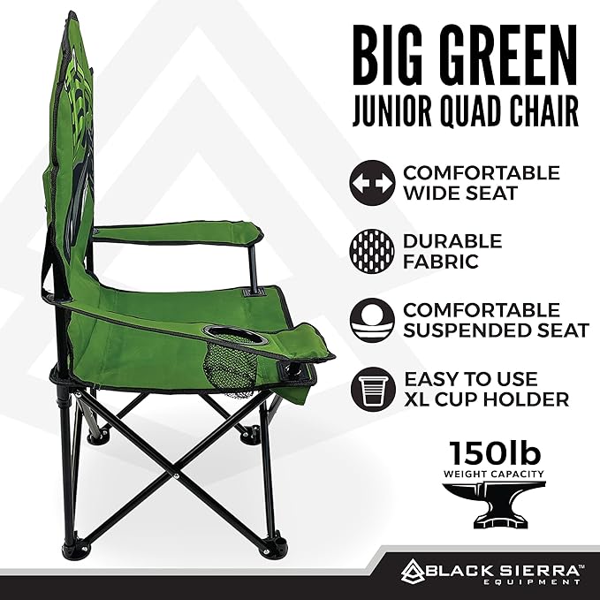 Black Sierra Folding-Lawn Chair for Camping Beach Backyard Sporting Events. for Kids Ages 3-10. Comes with Cup Holder and Carry Bag. Portable-Chair for Travel Supports 150 Lbs. (Big Green)